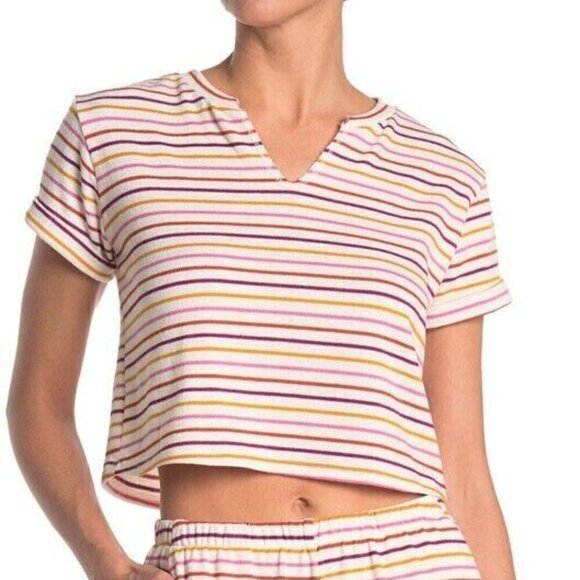 LUSH Terry Stripe Notched Crop Tee T-shirt M Rainbow T27 - Picture 1 of 4